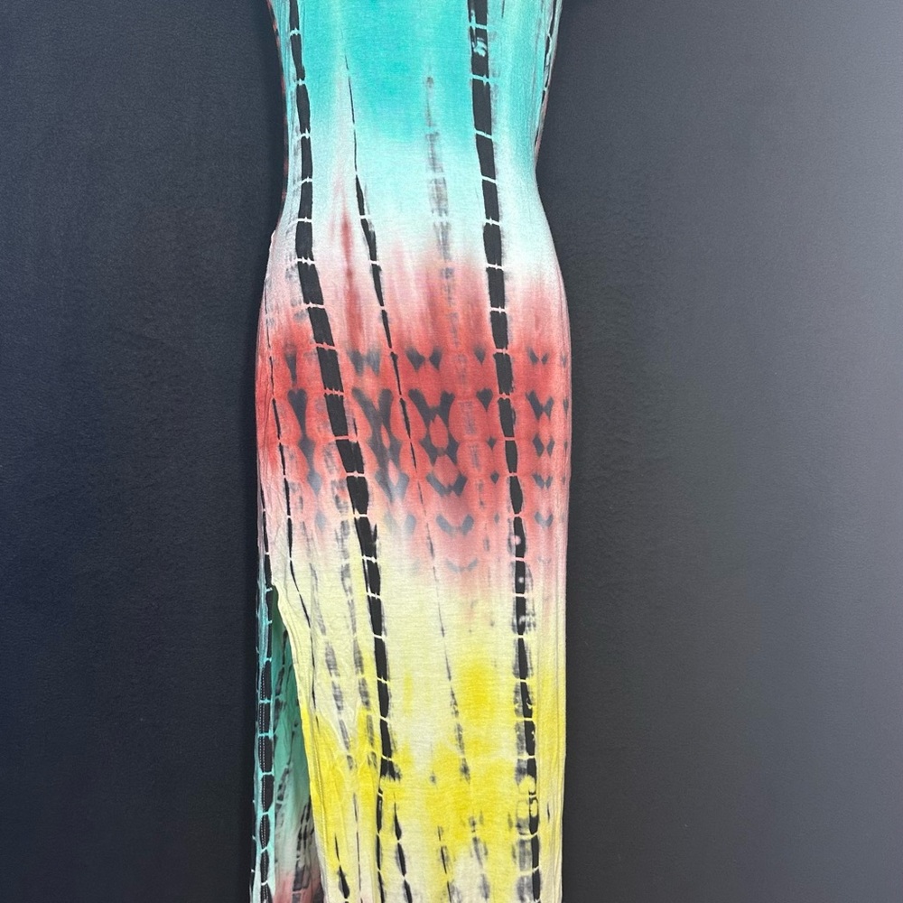 Estam Women's Colorful Tie-Dye Rasta Maxi A-line Short Sleeve Backless Dress
